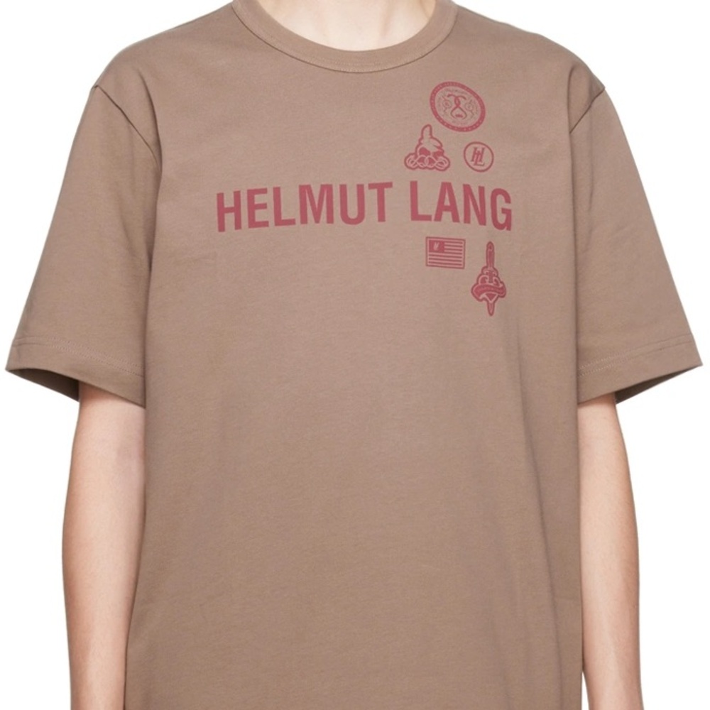 Helmut Lang Mens Taupe Tee with Red Logo Graphics
